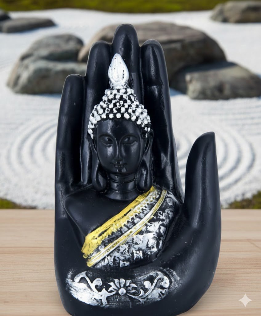 indihandmades black & silver buddha palm idol – traditional resin decorative statue for indoor spiritual décor indihandmades black & silver buddha palm idol – traditional resin decorative statue for indoor spiritual décor
