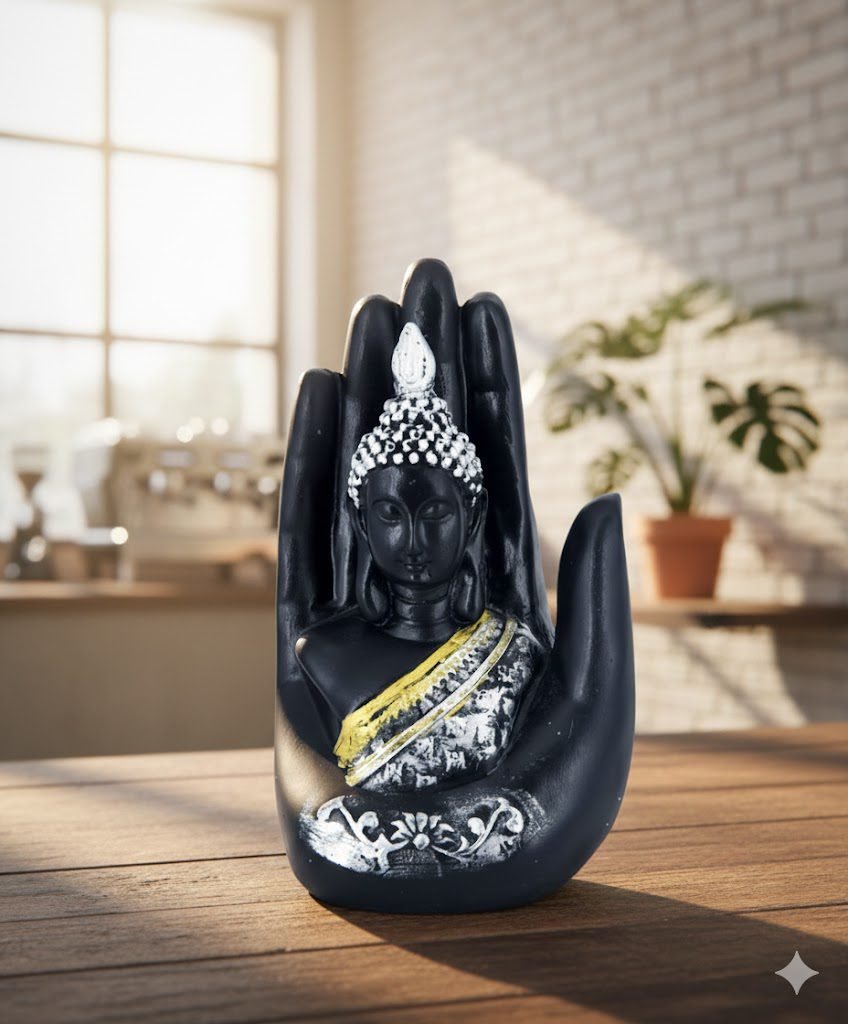indihandmades black & silver buddha palm idol – traditional resin decorative statue for indoor spiritual décor indihandmades black & silver buddha palm idol – traditional resin decorative statue for indoor spiritual décor