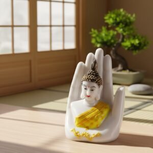 indihandmades white & yellow buddha palm idol – modern resin inspirational indoor decorative statue