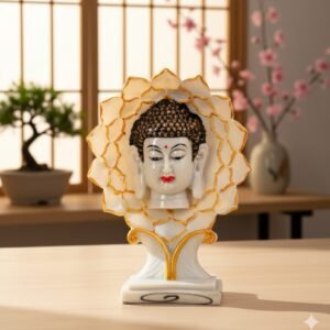 white & gold resin buddha head idol – lotus aura spiritual decor