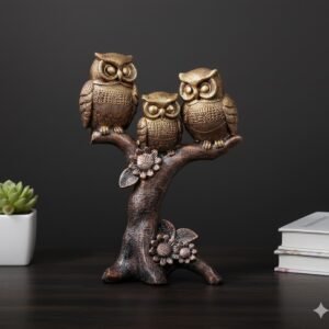 indihandmades three owls on tree showpiece – brass & resin multicolour bird figurine for home decor