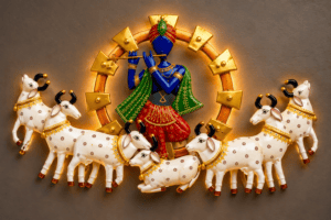 handpainted rustic iron krishna with 7 cows wall hanging – 58 x 32 inches