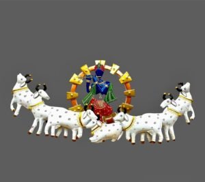 handpainted rustic iron krishna with 7 cows wall hanging – 58 x 32 inches