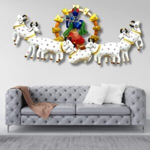 handpainted rustic iron krishna with 7 cows wall hanging – 58 x 32 inches