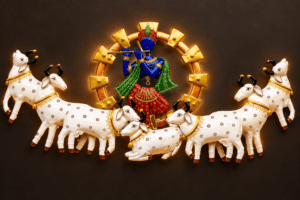 handpainted rustic iron krishna with 7 cows wall hanging – 58 x 32 inches